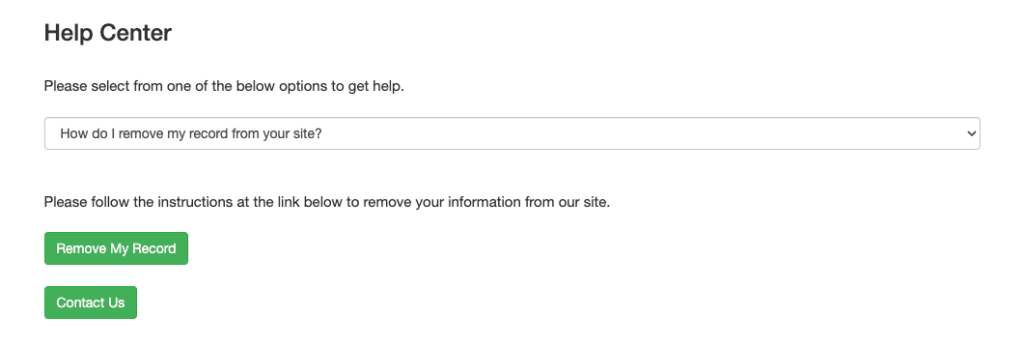 Screenshot of the FamilyTreeNow help center web page offering support options with a dropdown menu for help topics and buttons for 'remove my record' and 'contact us'.