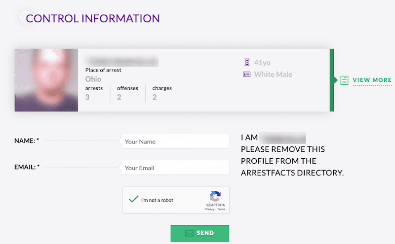 ArrestFacts.com opt out request page.