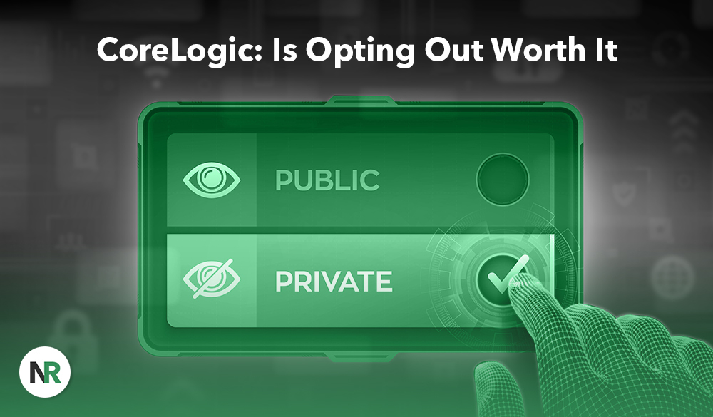 An illustrated image showing a hand interacting with a digital toggle switching from "public" to "private." The words "CoreLogic: is opting out worth it" are overlaid at the top.