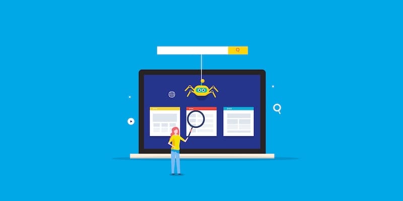 Illustration of a person holding a magnifying glass in front of a large laptop screen displaying web pages, with a spider above symbolizing web crawling and a search bar at the top, on a blue background.