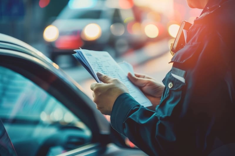 Police officer reviewing documents and issuing a traffic ticket to a driver during a traffic stop, who is asking about different types of criminal charges.