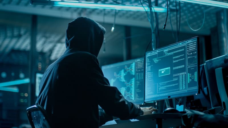 A person in a black hoodie uses two computers in a dark office to access the dark web.