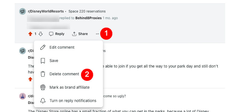 Screenshot of a social media interface showing a comment about disney world resorts with reply and edit options, including an option to delete the comment highlighted for emphasis.