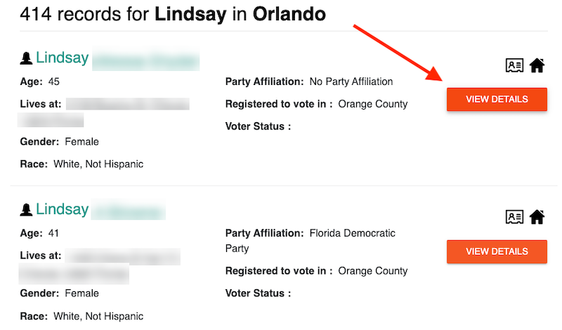 The image shows a partial screenshot of a database or search result page with records for individuals named lindsay in orlando. there are two entries partially visible, with the top one highlighted by a red arrow pointing to a "view details" button. the records display personal details such as age, gender, race, and voter registration information, including party affiliation and county of registration.