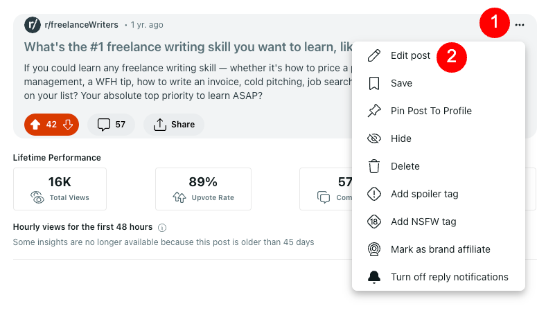 A screenshot of a reddit post in the r/freelancewriters subreddit asking for advice on essential freelance writing skills. the post includes options to edit, save, and manage notifications, with visible stats like views and upvote rate.