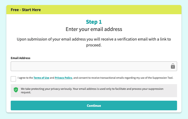 A screenshot of the Intelius opt-out step, asking users to enter their email address to proceed with a verification process.