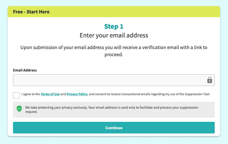 A screenshot of the Intelius opt-out step, asking users to enter their email address to proceed with a verification process.