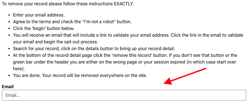 Screenshot of a webpage with instructions detailing the process to remove a personal record, featuring an email entry box and a red arrow pointing to the end of the list.