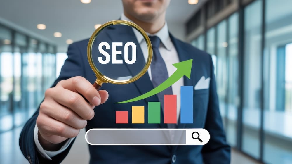 A businessman holds up a magnifying glass that says "SEO" in it, and underneath is an illustration of a chart with growing results.