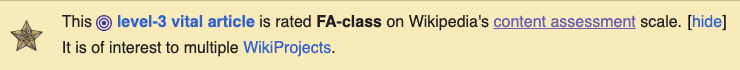 A Wikipedia notification box stating that a level-3 vital article is rated FA-class on the content assessment scale and is of interest to multiple WikiProjects. A star icon appears on the left, helpful for users learning how to create a Wikipedia page.