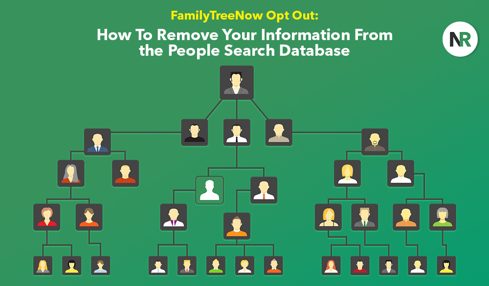 Illustration depicting a flowchart with various connected profile icons titled "FamilyTreeNow opt out: how to remove your information from the people search database." The background is green.
