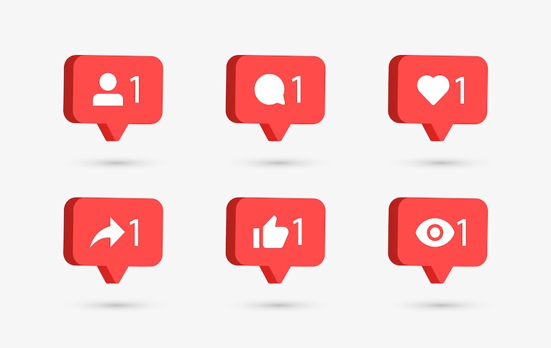 A set of six red social media notification icons on a gray background, including symbols for like, comment, remove, share, follower, and mentioned.