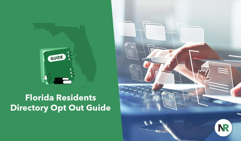 Modified Description: Promotional graphic featuring a visual of Florida and a "Florida Residents Directory Opt Out Guide" labeled book, alongside an image of hands interacting with digital documents on a futuristic interface.