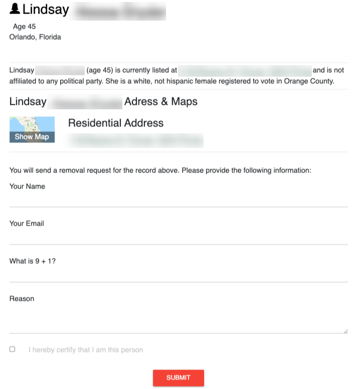 The image shows a screenshot of a web page removal request form for personal information. the form is related to an individual named lindsay, including her age, city of residence, and voter registration details, with an option to request removal of the record by submitting a reason and an email address.