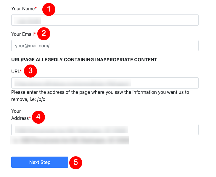 Screenshot of a web form for reporting inappropriate content, including fields for name, email, url, comment, and a "next step" button.