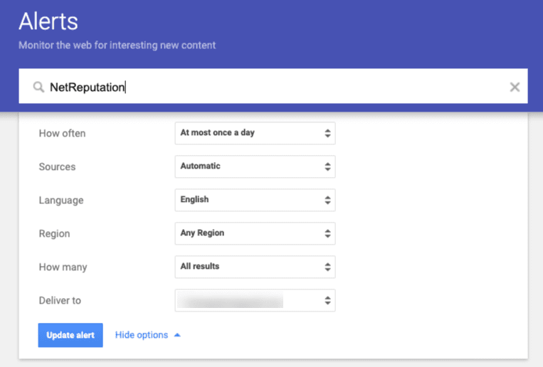 Screenshot of a web-based alert setup interface for reputation management tips with fields for "how often", "sources", "language", "region", "alerts", and buttons for "update alert" and 