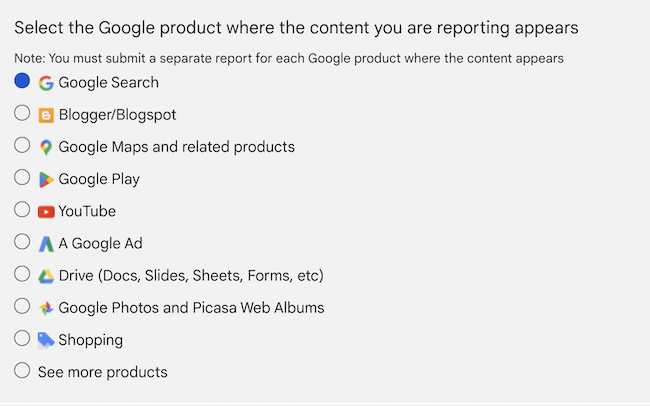 Select the google search results where the content is being reported to bury negative search results.