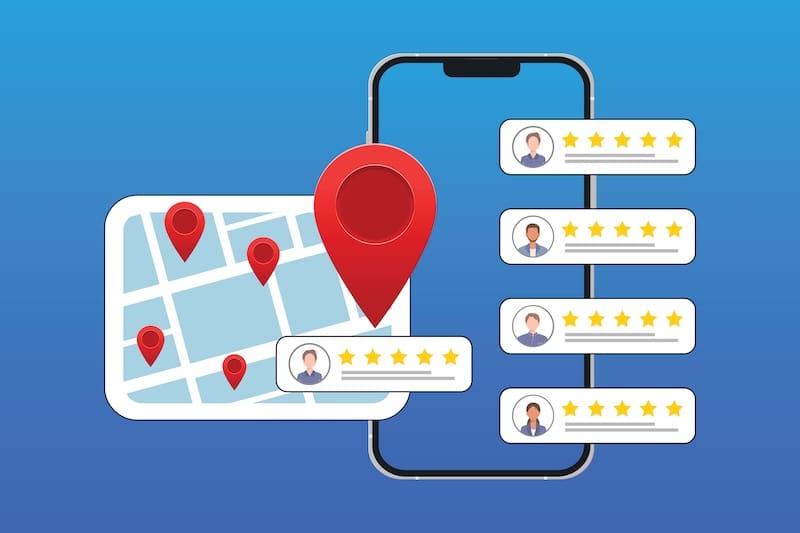 An illustration of a mobile phone that’s looking at a business on a map. Customer reviews are displayed next to it.