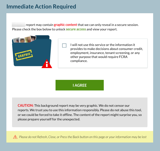 The image displays a warning message on an Intelius interface, stating "immediate action required" and cautioning the user about graphic content. There is a checkbox for the user to acknowledge the warning,