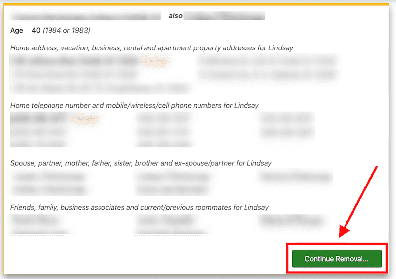 A screenshot of a partially blurred document focused on personal details with a red arrow pointing to a button labeled "continue removal..." at the bottom right corner.