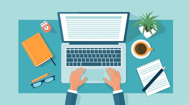 A person writing a blog post on a computer.