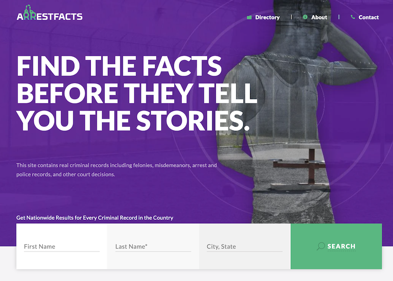 Website homepage for "arrestfacts.com" featuring a search tool to find criminal records, with a background image of a statue symbolizing justice, partially overlaid with a transparent purple layer.