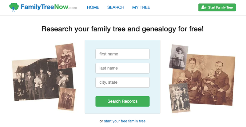 FamilyTreeNow website homepage inviting users to research their family tree and genealogy for free, featuring a search form, vintage family photos, and FamilyTreeNow opt-out information.
