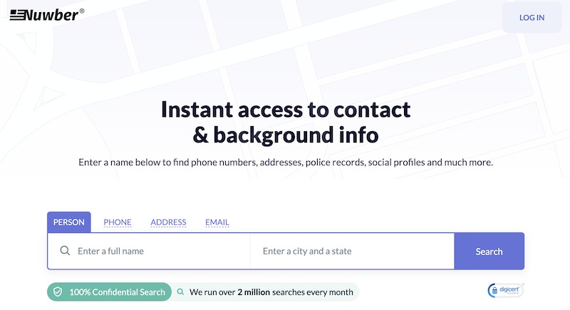 A website interface titled "nuuber" offering instant access to contact information, with fields to enter a person's name, phone, address, email, and a location search box, emphasizing confidentiality and extensive search capabilities.