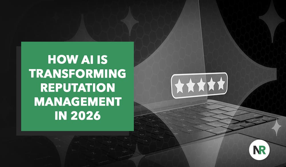 A digital graphic shows a five-star rating above a keyboard, highlighting “How AI is Transforming Reputation Management in 2026” in a green box. The NR logo appears in the bottom right corner, emphasizing the impact of AI reputation management.
