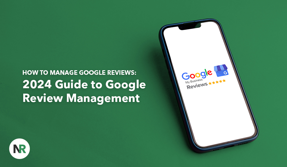 Smartphone displaying a guide on google review management against a green background.