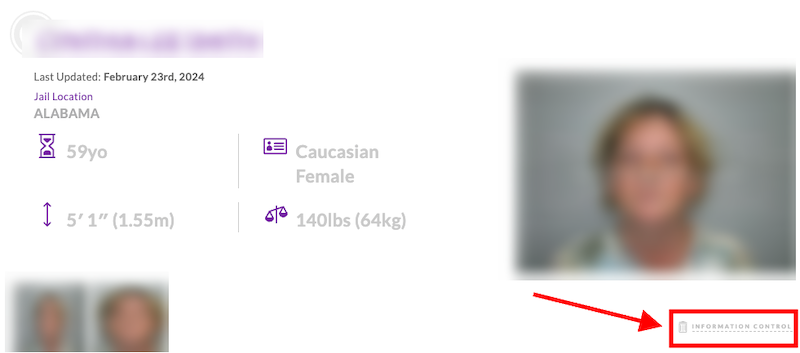 A blurred profile view of what appears to be an inmate's information dashboard on arrestfacts.com, indicating a 59-year-old caucasian female from Alabama, with details about her height and weight,
