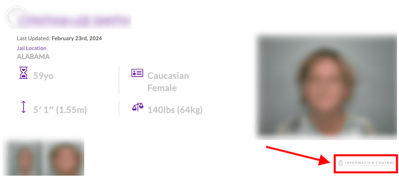 A blurred profile view of what appears to be an inmate's information dashboard on arrestfacts.com, indicating a 59-year-old caucasian female from Alabama, with details about her height and weight,