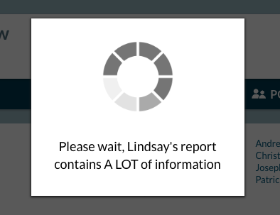 A loading screen displaying the message "please wait, Lindsay's report contains a lot of information", with a grey circular progress indicator. For Intelius opt-out options, visit our privacy page.