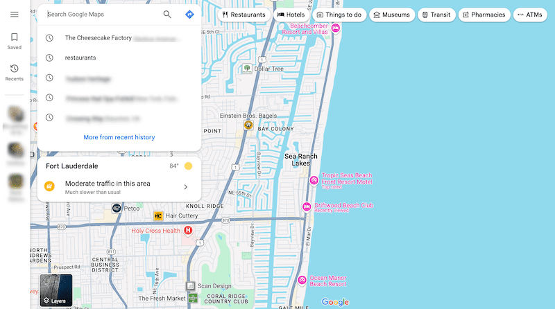 A screenshot of a map showing Fort Lauderdale, Florida, and surrounding areas. The map includes locations of restaurants, pharmacies, and hotels near the coastline. A search window displays "The Cheesecake Factory" with related search suggestions.