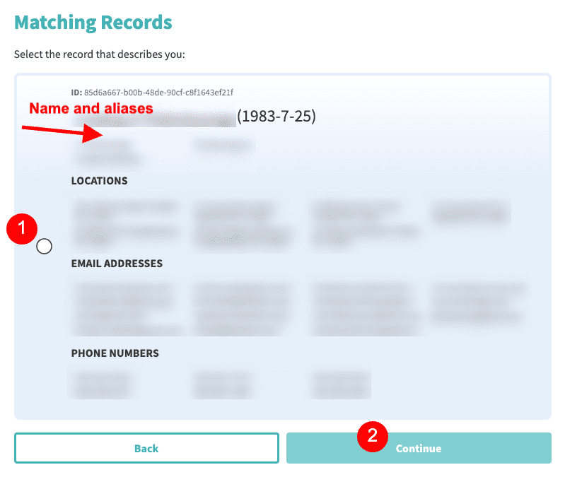 An online form highlighting a specific record with a red arrow pointing to the 'name' field, indicating a selection step in an Intelius opt-out process, with options to go 'back' or '