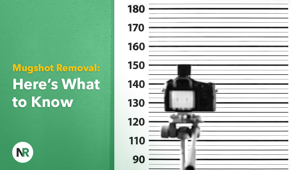 Camera on tripod in front of a mugshot measurement backdrop with text on the left about mugshot removal services.