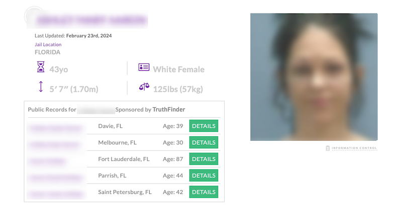 The image appears to be a screenshot from arrestfacts.com, providing background check information, including personal details such as height, weight, and location, for an individual. The right side of the image shows
