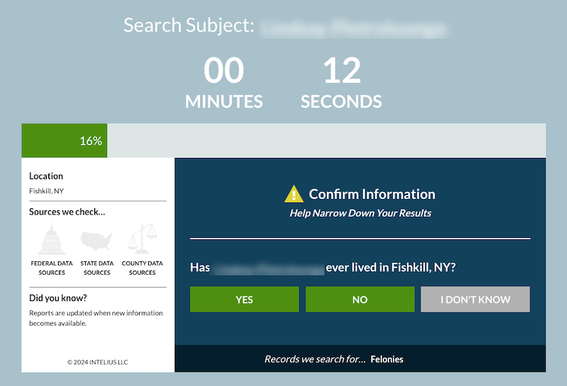 A digital interface displaying a countdown timer with 12 seconds left, featuring a prompt to confirm information in order to narrow down a search's results, with options for "yes," "no," and "i don't know?" alongside statistical graphics indicating the search progress at 16%.