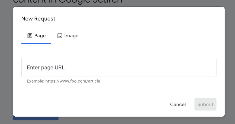 Screenshot of a google search interface showing a tool to enter a webpage url for content removal, with "enter page url" text box and "cancel" and "submit" buttons.