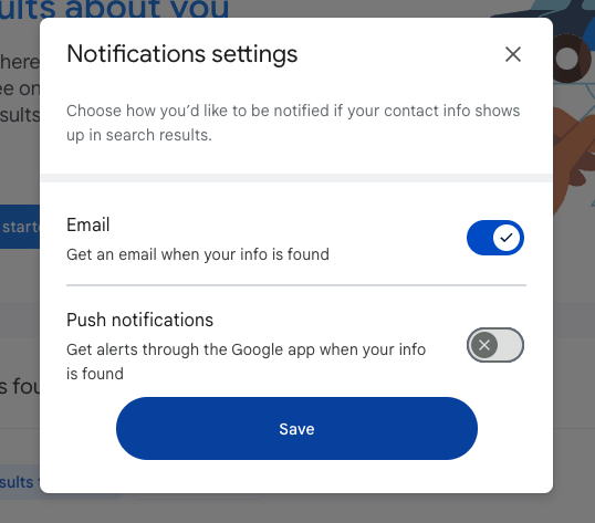 Notification settings to help remove personal information from Google.