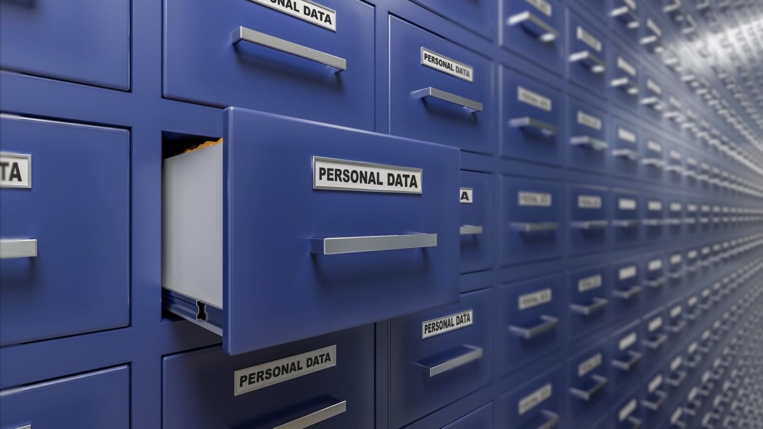 A close-up view of open blue filing cabinets labeled "personal data" in a vast, neatly arranged archival room, illustrating data storage and management.