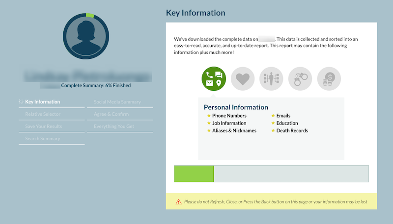 An illustrative graphic of a user interface for a data report summary highlighting key information categories such as personal information, phone numbers, job information, aliases & nicknames, and education records.