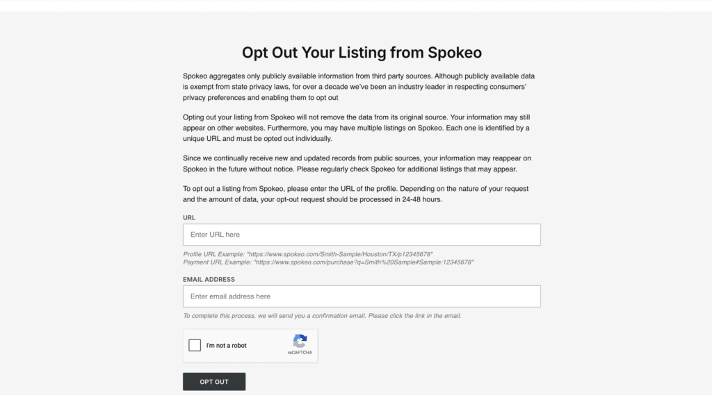 Screenshot of Spokeo’s "Opt Out Your Listing" page, featuring steps to cancel Spokeo by entering a profile URL and email, completing reCAPTCHA, and clicking the "OPT OUT" button to request removal of personal information.