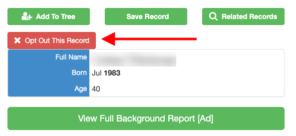 A screenshot showing a section of the FamilyTreeNow user interface with genealogy or personal record features, highlighting an "opt out this record" button with a red arrow pointing towards it.