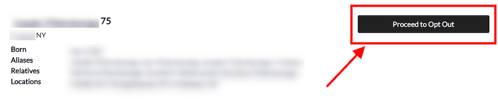 A blurred profile page with a large red box and arrow highlighting the black "Proceed to Opt Out" button in the top right corner, showing users where to start the been verified opt out process.