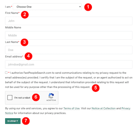 A web form with fields for selecting an identity, entering first, middle, and last names, and email address—ideal for fast people search removal. Includes a privacy notice, reCAPTCHA checkbox, and a green "SUBMIT" button at the bottom.