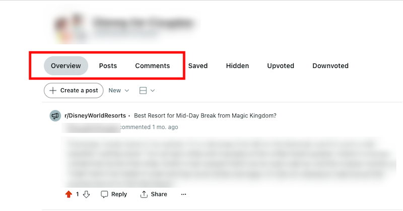 Screenshot of a website interface highlighting the "overview" tab in red, with other tabs like "posts," "comments," and "saved" visible. below, a post from "disneyworldresorts" is partially shown.