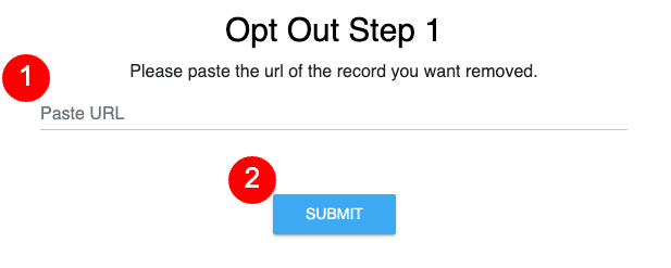 A screenshot of an 'opt out step 1' webpage interface with a field to paste a url and a 'submit' button.