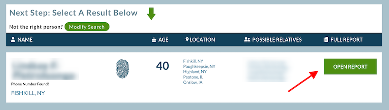 A screenshot of an online search result interface showing an individual's basic information such as age and location with the option to view a full report.