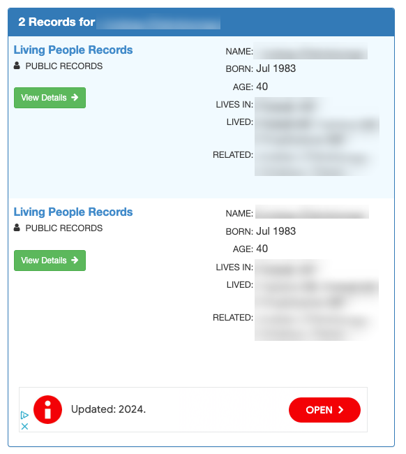 Screenshot of a website displaying two public records for an individual on FamilyTreeNow, with personal details partially redacted for privacy. A button to view details and an advertisement suggesting the information was recently updated are